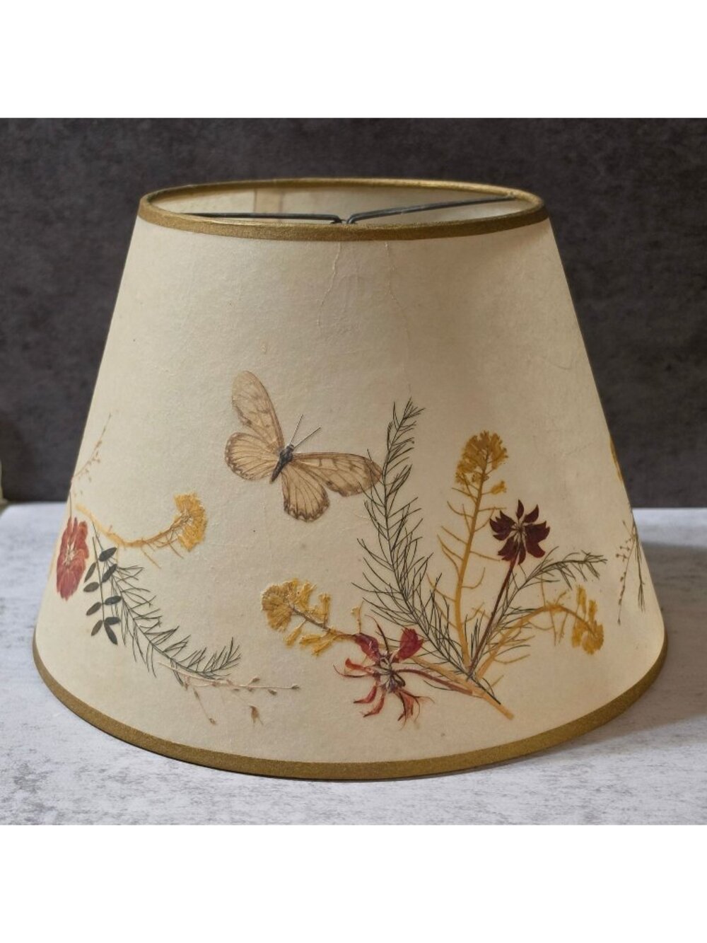 Vtg Van Briggle Style Botanical Lamp Shade Real Pressed Flowers w Butterfly 10"